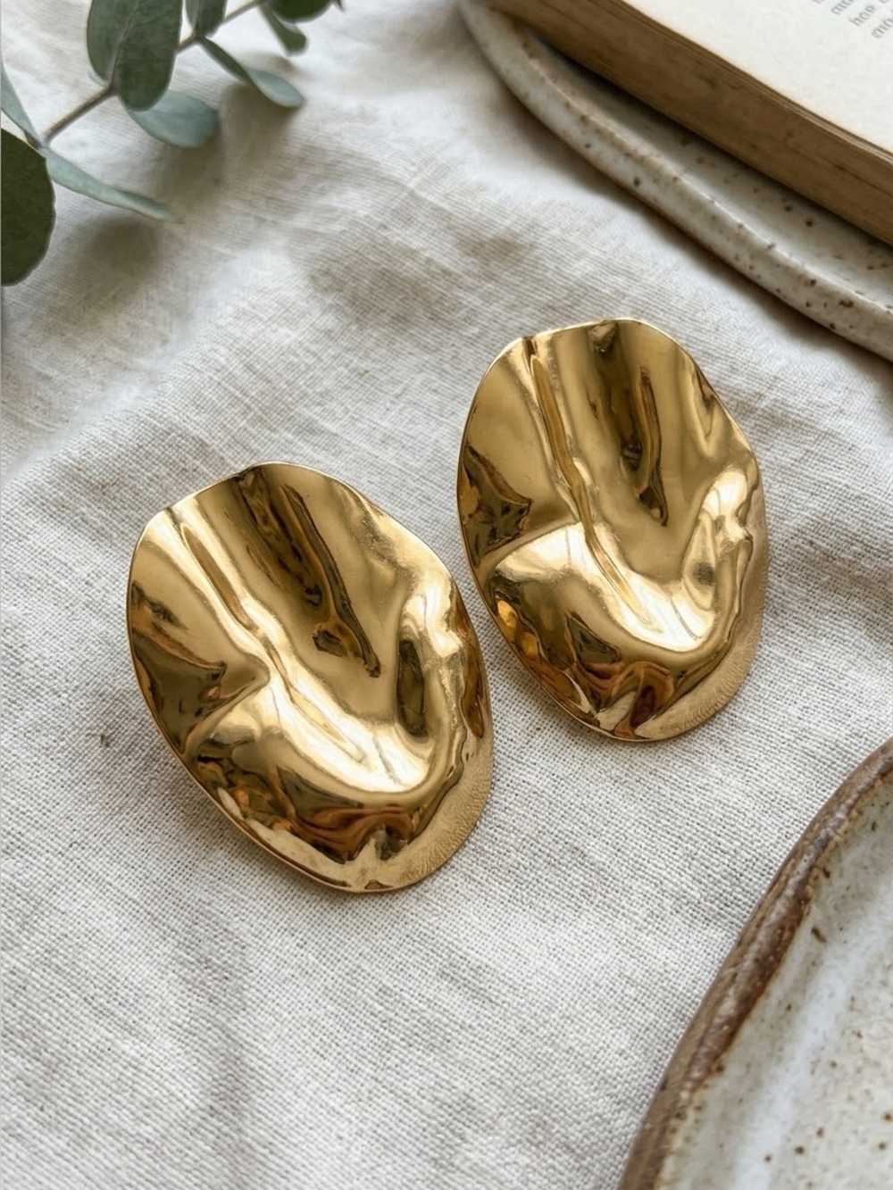 Large Chunky Gold Hammered Statement Earrings Sculptural Abstract Drop